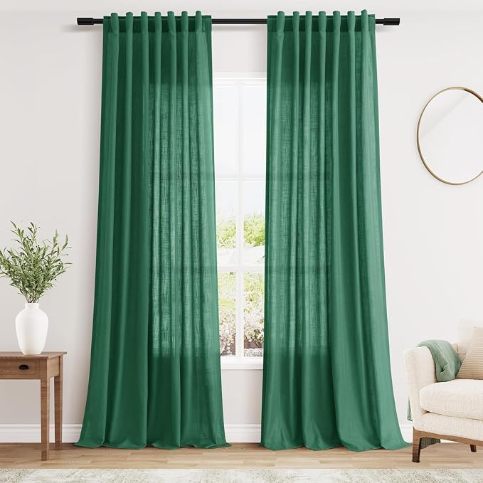 Dark Green Linen Curtains 96 Inches Long 2 Panels Set by Nanspring