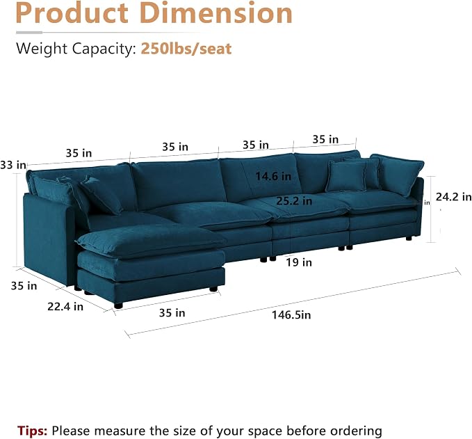 mikibama Modular Sectional Sofa, 146.5 Inch L Shaped Couch Set - Image 2