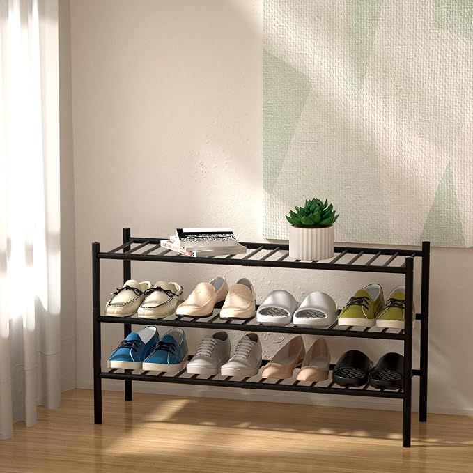 ROMGUAR CRAFT 3-Tier Bamboo Long Shoe Rack, Free Standing Wood Shoe Shelf - Image 2