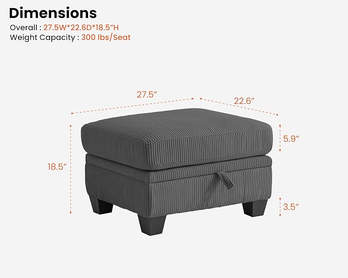 CHIC HOUSE Middle Module for Modular Couch, Corduroy Customizable Chaise - Image 2
