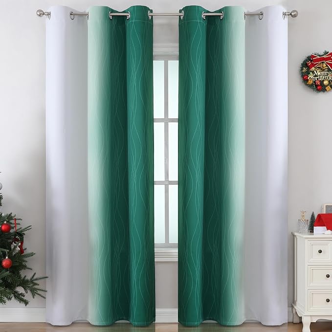 Green and Greyish White Blackout Curtains 42Wx84L 2 Panels | Ombre Curtains - Image 2