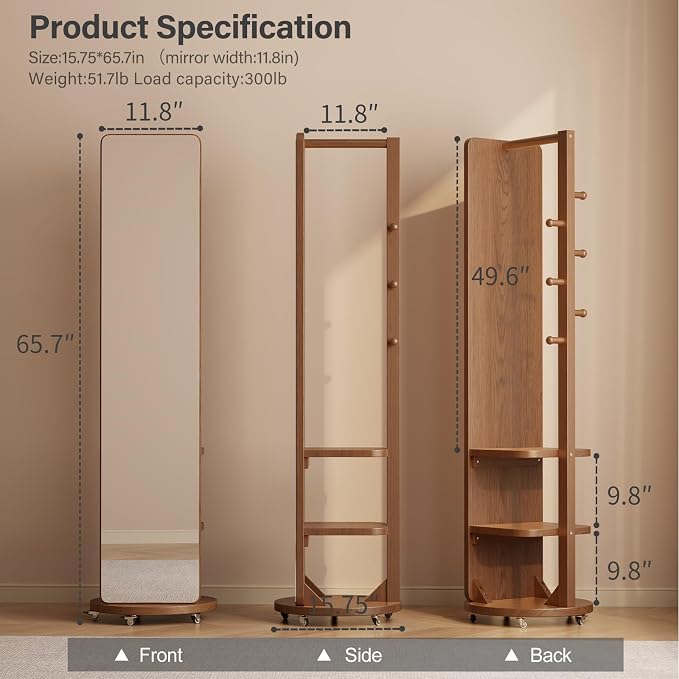 WoodsWhisper Full Length Mirror Coat Rack Solid Wood Floor Mirror 66"x12" Full - Image 9