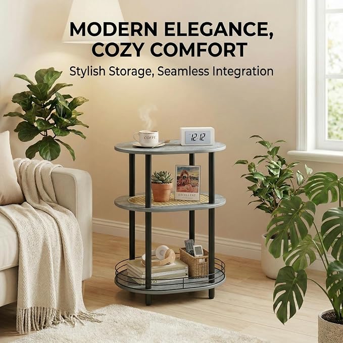 3 Tier Round Side Table with Storage, Oval End Table with Rattan Shelf & Metal - Image 7