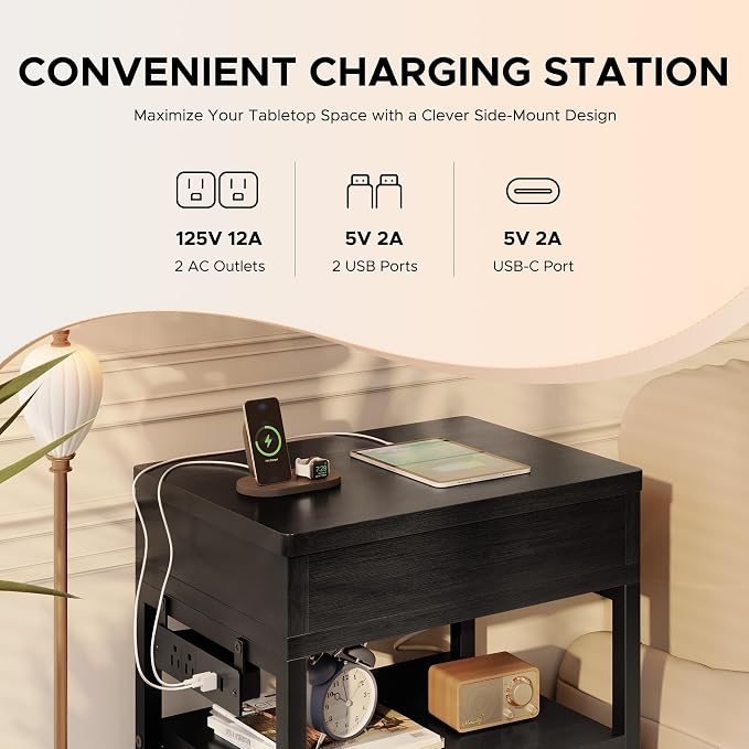 Lazzanto Nightstand Hidden Drawer Charging Table - Image 5