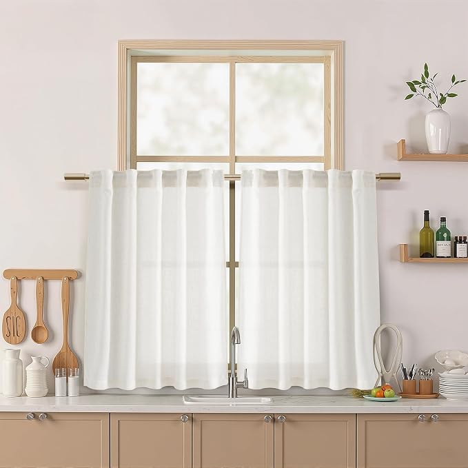Beige White Kitchen Curtains 36 Inch Length, Linen Blend Small Cafe Curtain by Nanspring