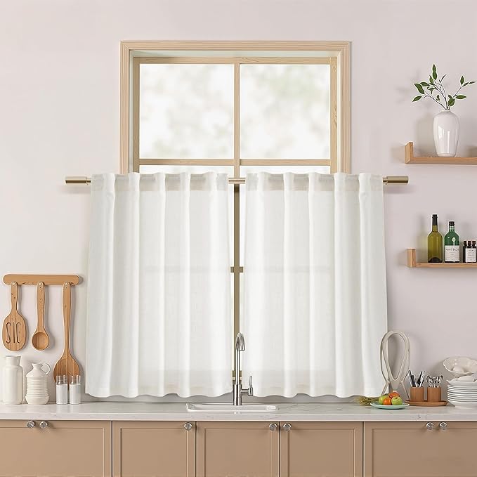 Beige White Linen Curtains 36 Inch Length Cortinas para Cocina Kitchen Semi by Nanspring