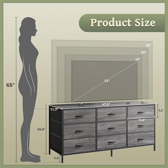Huuger 9 Drawer Dresser for Bedroom, 47 Inch Dresser TV Stand for 50, 55 Inch TV - Image 3