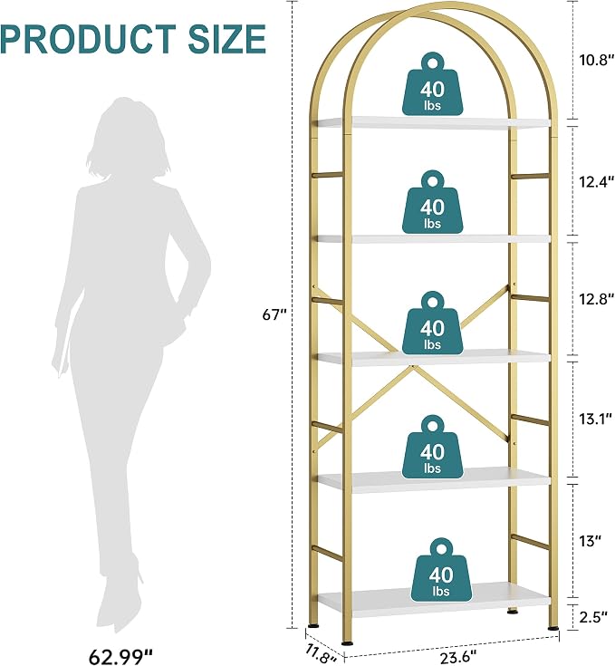 Shintenchi Bookshelf, Arched Bookshelf 5 Tier Bookcase Shelf - Image 2