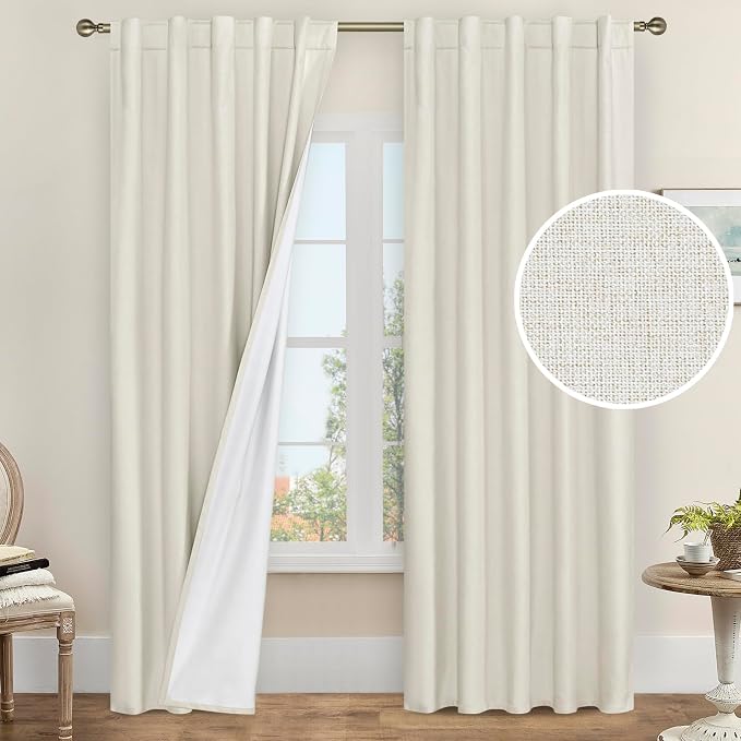 Ivory 100% Blackout Linen Curtains 84 Inches Long 2 Panels | Linen Textured by LAMIT