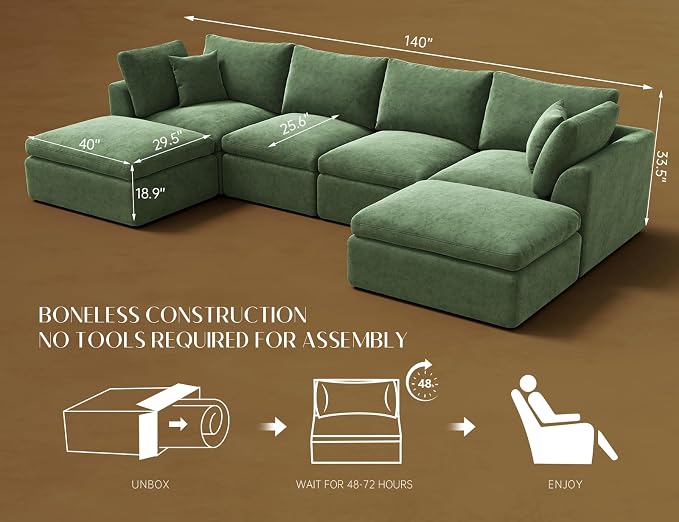 ohllob 140" U Shaped Couch, Cloud Sectional Couches - Image 2