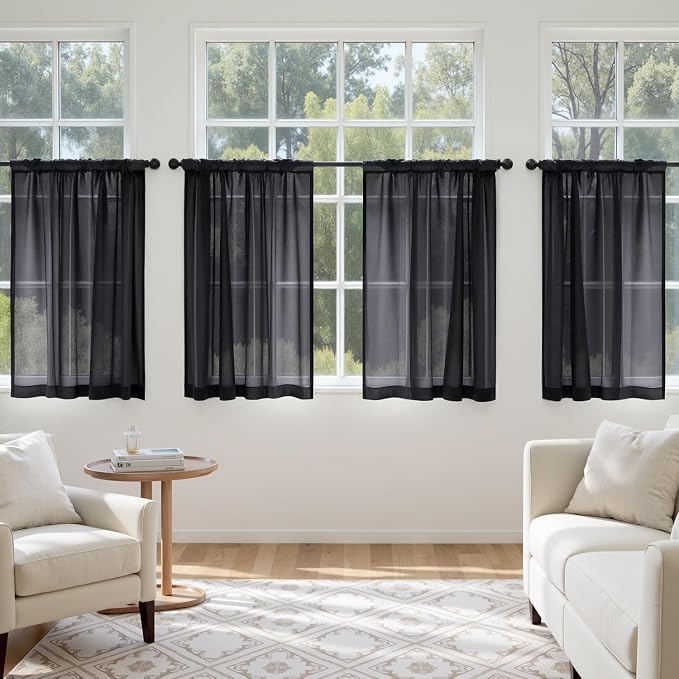 MIULEE 4 Panels Half Window Tier Black Sheer Curtains 42 x 36 Inches | Light - Image 2