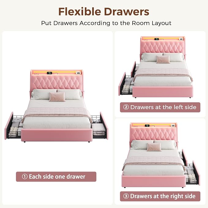 Full LED Velvet Bed Frame with 2 Storage Drawers&Hidden Headboard, Upholstered - Image 8