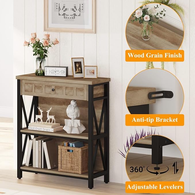 FATORRI Rustic Bookshelf with Drawer, Industrial Wood and Metal Bookcase - Image 4