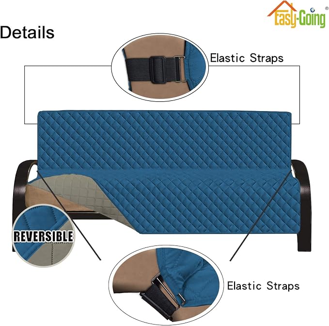Easy-Going Reversible Couch Cover, Large Futon Sofa, Peacockblue/Beige | - Image 4