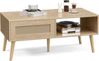 ZttRiee Wood Coffee Table with Storage, Boho Dining Table with Sliding Rattan - Image 6