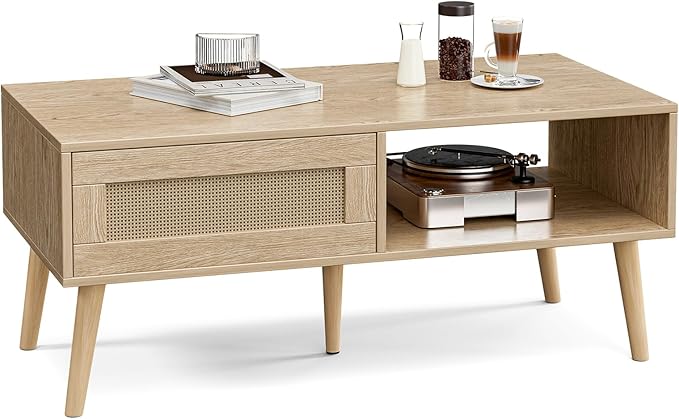 ZttRiee Wood Coffee Table with Storage, Boho Dining Table with Sliding Rattan - Image 6