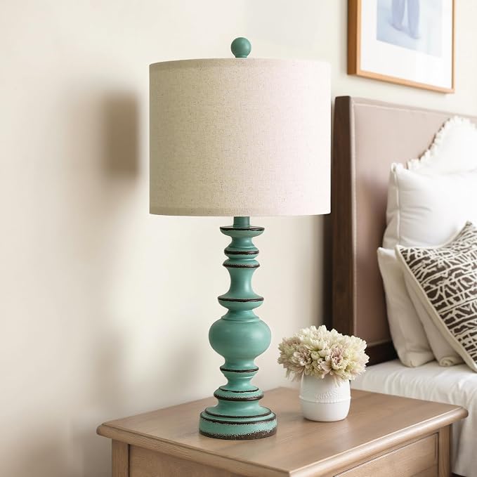 BOBOMOMO 24" Farmhouse Table Lamps Set of 2 – Distressed Teal Lamps - Image 3