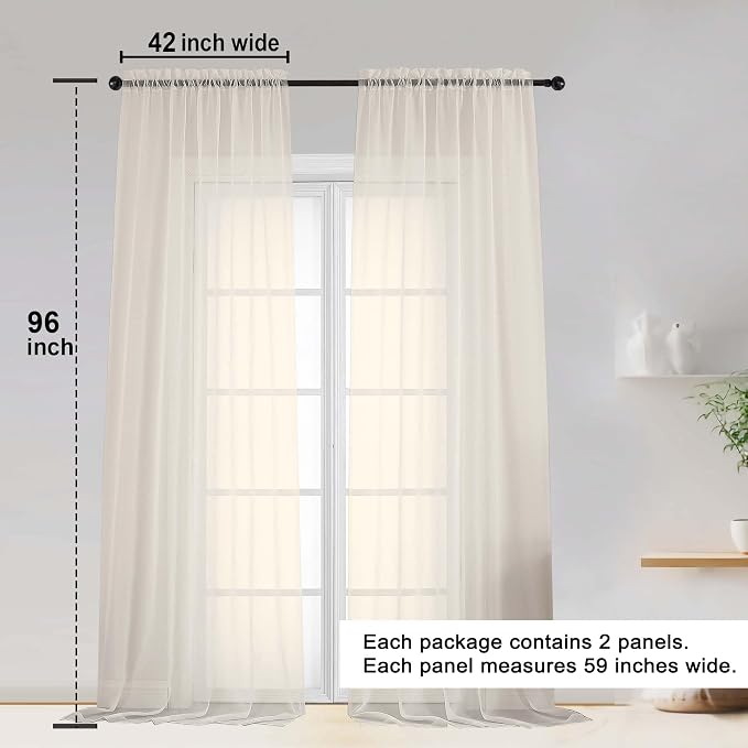 Cream Sheer Curtain 96 Inch Long 2 Panels Set, Light Filtering Clear Rod Pocket - Image 2