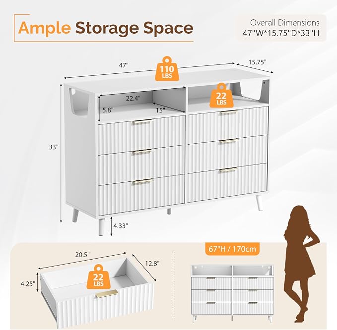 VINGLI Fluted White Dresser, Led Dresser 6 Drawer - Image 2