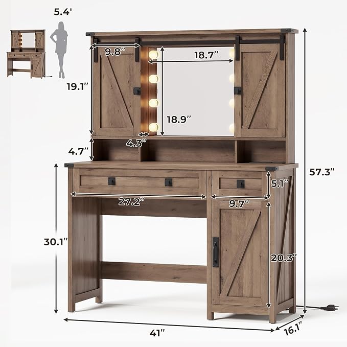 Farmhouse Vanity Desk with Mirror and Lights, Large Vanity Table with - Image 2