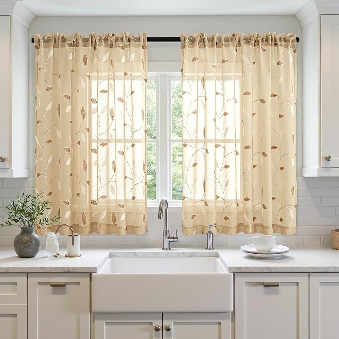 MIULEE Khaki Sheer Curtains 2 Panels Embroidered Leaf Patterned, W52 x L54 | - Image 2