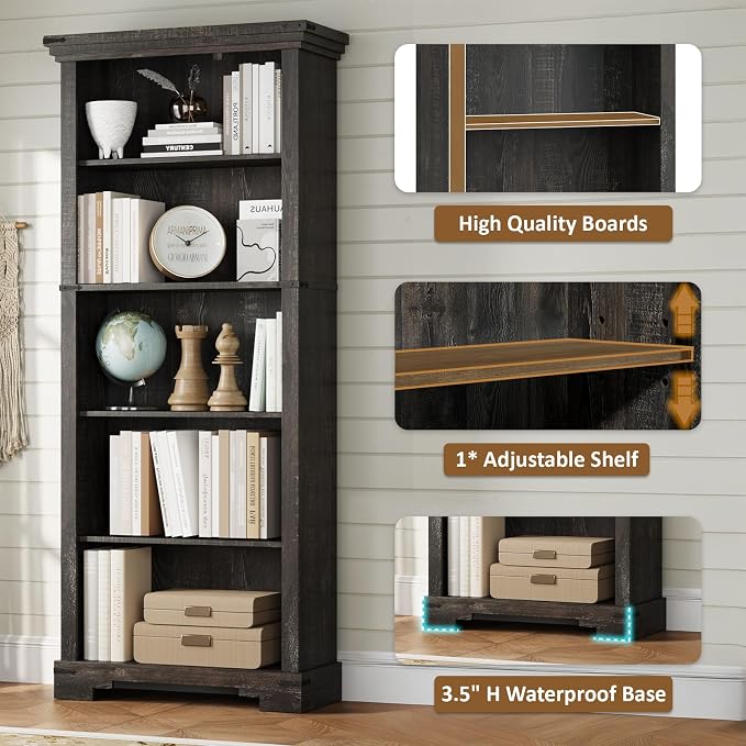 5-Tier Farmhouse Bookshelf, 61.1 inch Tall Bookcase - Image 4