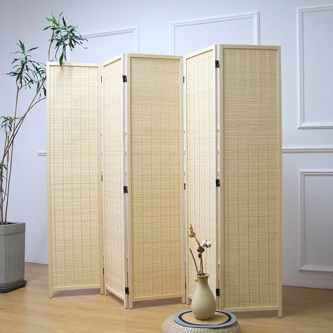 Furnnylane 5 Panel Bamboo Room Divider – 5.6 ft Tall Folding Privacy Screen by Furnnylane
