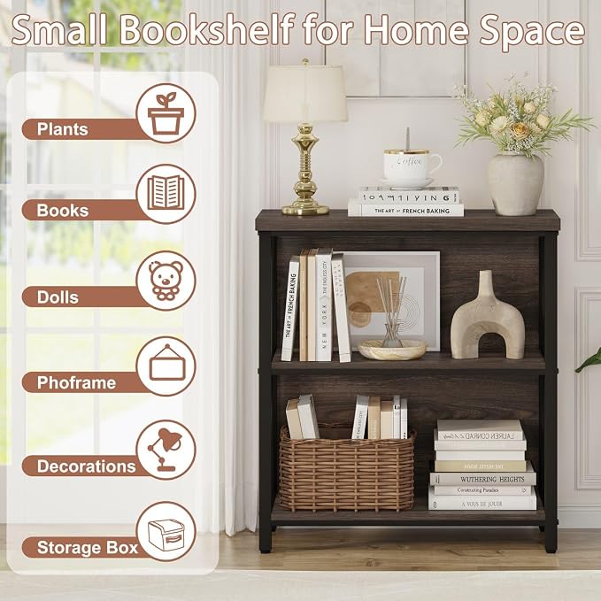 FATORRI Small Bookshelf, 3 Shelf Bookcase - Image 4