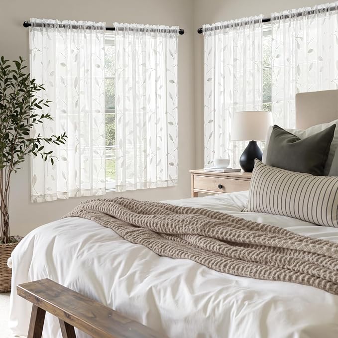 MIULEE White Sheer Curtains 2 Panels Embroidered Leaf Patterned, W52 x L54 | - Image 7