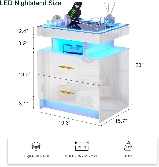 HNEBC Auto LED Nightstand Set of 2, High Gloss Bedside Table has 2 Drawers - Image 3