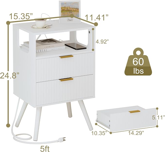 JOONEE White Nightstand with Charging Station and LED Lights, Modern Bedside - Image 2