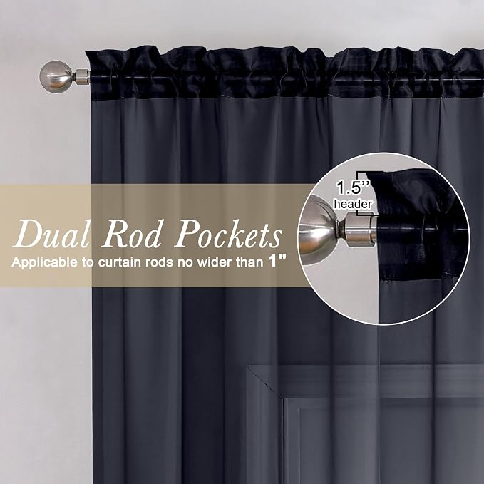 Black Sheer Curtain Panels 72 Inch Length, Light Filtering Window Curtain - Image 3