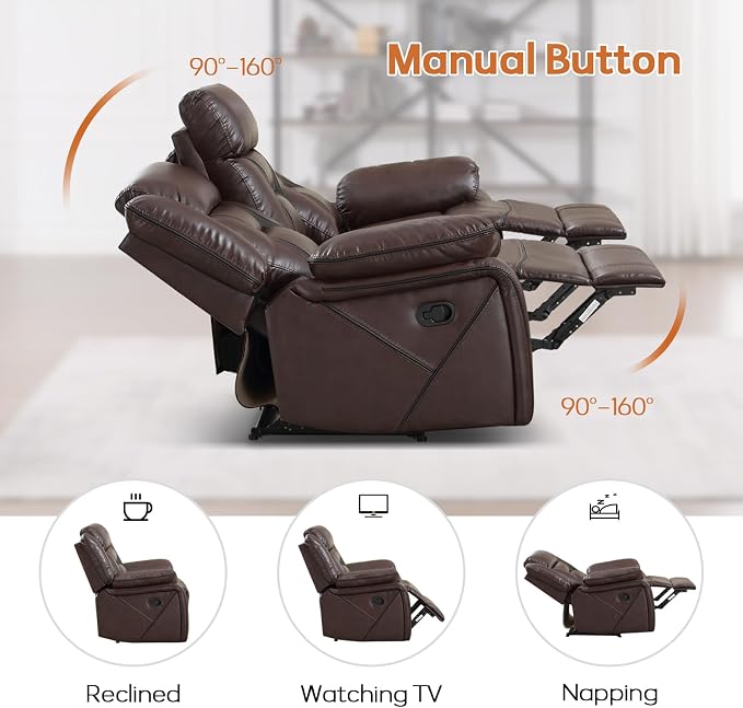 EBELLO Manual Recliner Sofa Set, Faux Leather Reclining Living Room Furniture - Image 3