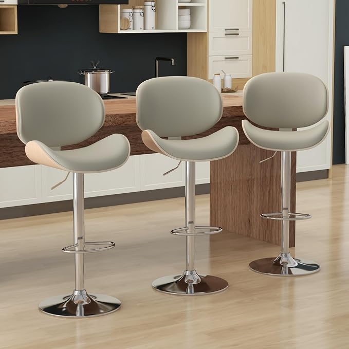 KCC Bar Stools Set of 3, Swivel Adjustable Height Barstools, PU Leather by KCC