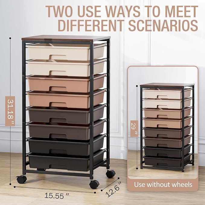 TOOLF Rolling Carts with Wheels, 8-Drawer Utility Cart, Wooden Tabletop Storage - Image 3