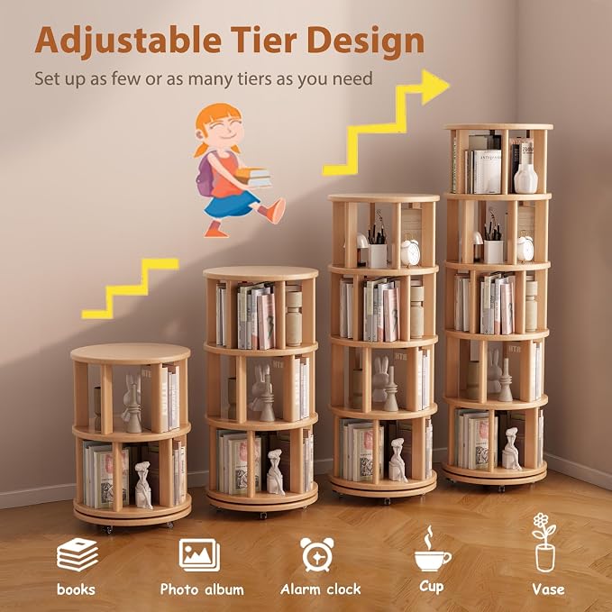 Muwuele Solid Wood Rotating Bookshelf on Wheels, 5 Tier, Round Revolving - Image 7