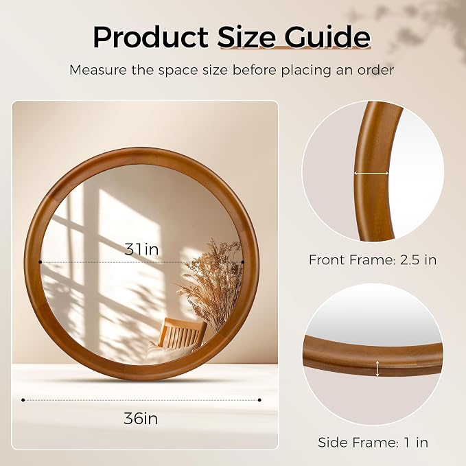 Round Wood Mirror for Wall, 36 Inch Circle Decorative Mirror - Image 8