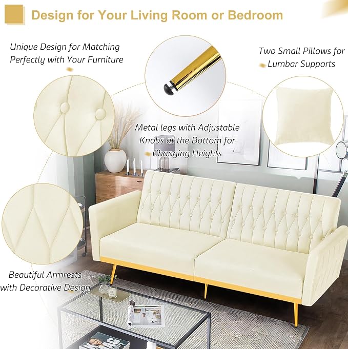 70” Velvet Futon Sofa Bed with 2 Pillows and Adjustable Armrests, Convertible - Image 5