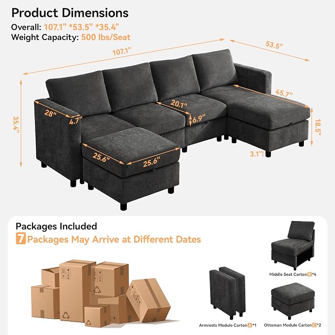 WUTUTUEE 107”Modular Sectional Sofa Convertible U Shaped Sofa Couch Set - Image 2
