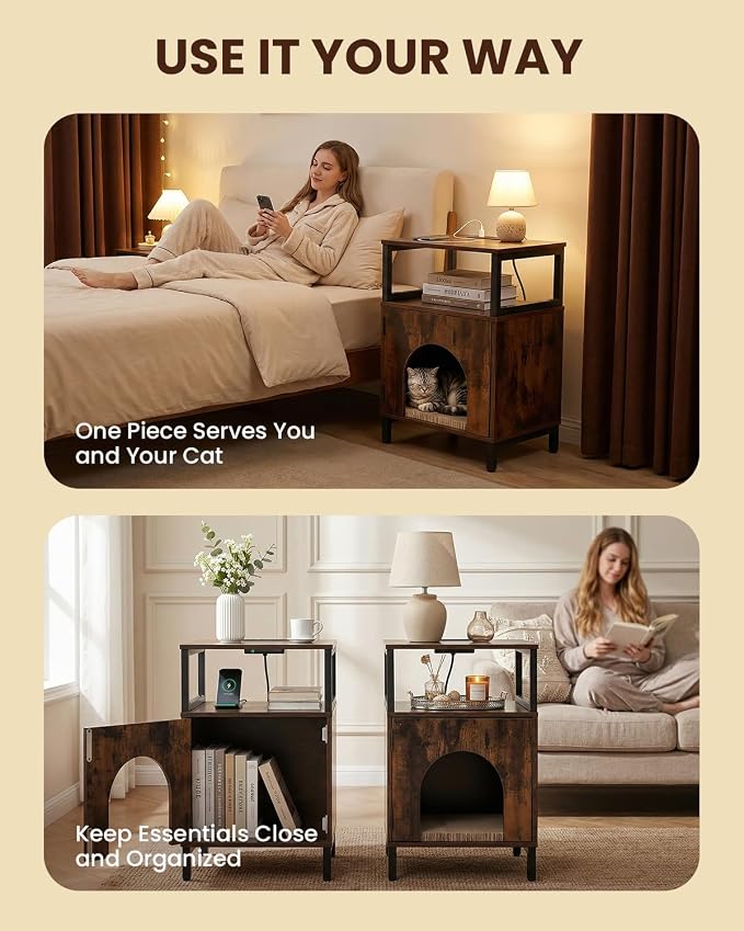 Cat Side Table with Charging Station & Storage Shelf, Small End Tables with Cat - Image 7