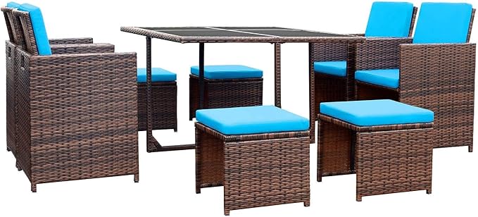 Devoko 9 Pieces Patio Dining Sets Outdoor Space Saving Rattan Chairs by DEVOKO