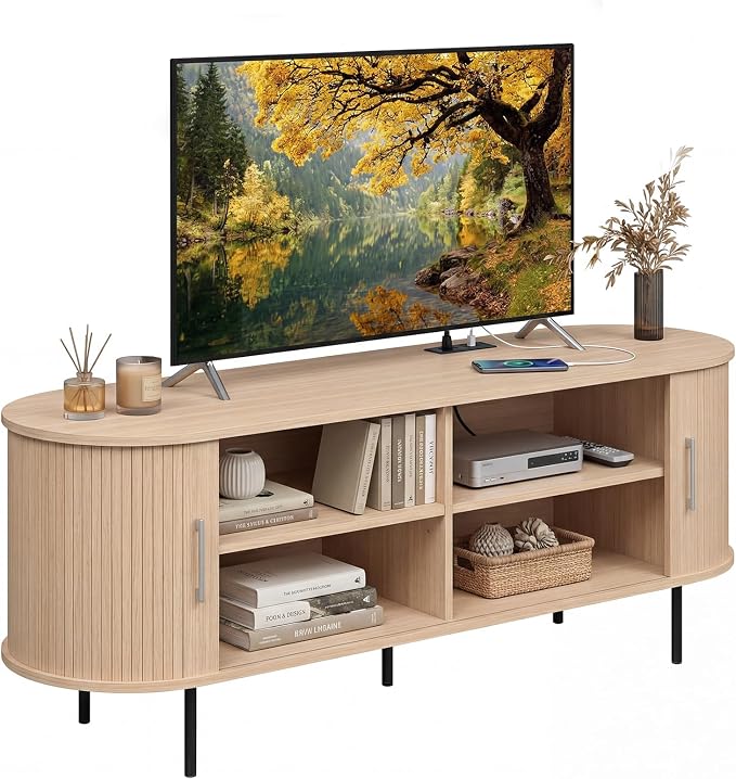 Tangkula Fluted TV Stand for TVs up to 60”, Mid Century Curved Entertainment by TANGKULA