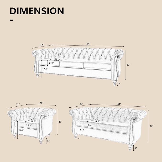 QHITTY 3 Piece Living Room Set, Sectional Chesterfield Sofa Chair Contemporary - Image 2