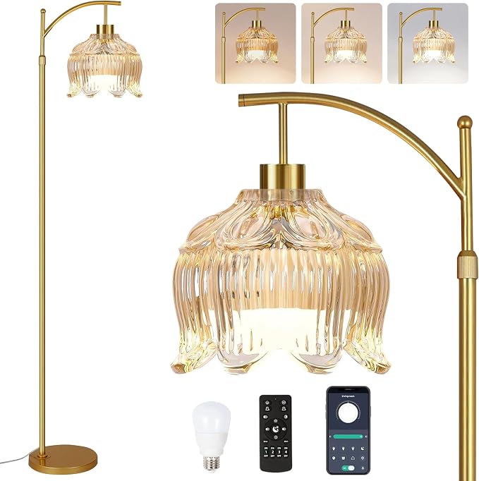 QIYIZM Flower Floor Lamp for Living Room, Glass Mid Century Modern Brass Tall by QIYIZM