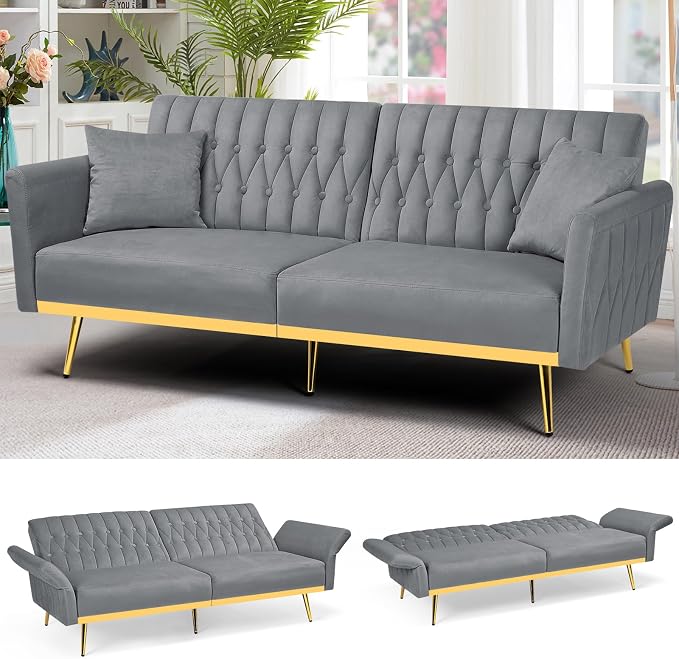 70” Velvet Futon Sofa Bed with 2 Pillows and Adjustable Armrests, Convertible by ACMEASE