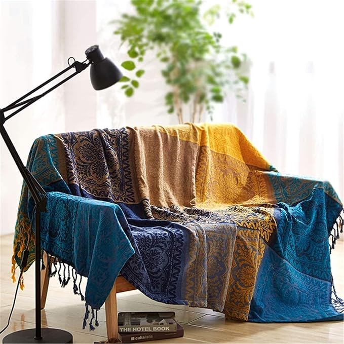Bohemian Throw Blanket for Couch，Colorful Chenille Tassels Boho Woven Hippie - Image 2