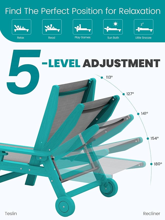 SERWALL Textilene Patio Chaise Lounge Chair, 5 Positions Adjustable Outdoor - Image 4