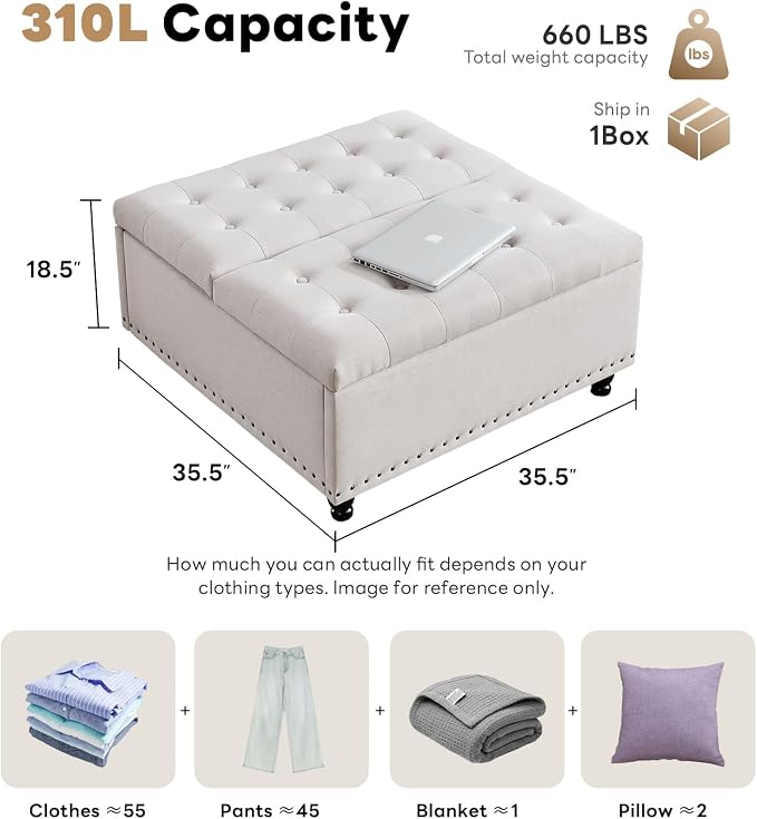 Tbfit Large Square Storage Ottoman Bench, Tufted Upholstered Coffee Table - Image 2