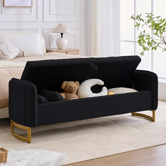 66" End of Bed Bench King Size, Teddy Boucle Storage Bench - Image 9