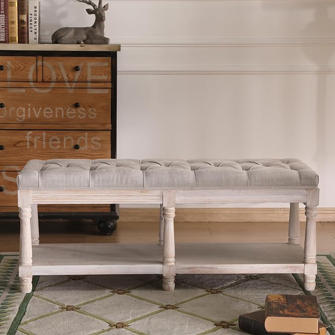 Farmhouse Storage Bench Wooden Entryway Upholstered Tufted Ottoman Bench by Janoray